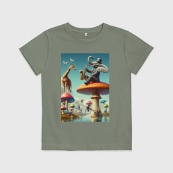 Футболка хлопковая детская Слон играет на саксофоне жирафу, цвет: авокадо