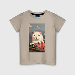 Футболка хлопковая детская Cat meme - japan style, цвет: миндальный