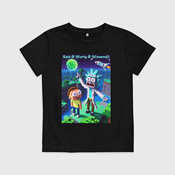 Футболка хлопковая детская Рик и Морти и Майнкрафт - коллаба, цвет: черный
