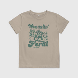 Футболка хлопковая детская Управляю дикими детьми - енот на динозавре, цвет: миндальный