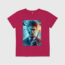 Футболка хлопковая детская Harry Potter - wizard with magic stick, цвет: маджента