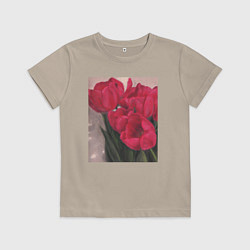 Футболка хлопковая детская Тюльпаны красные, цвет: миндальный