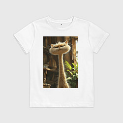 Футболка хлопковая детская Кот с длинной шеей, цвет: белый