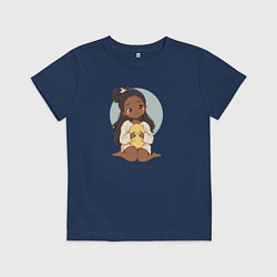 Футболка хлопковая детская Цыплёнок в руках девушки, цвет: тёмно-синий