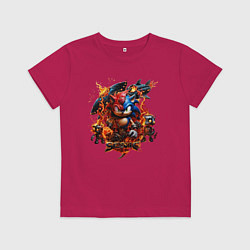 Футболка хлопковая детская Соник и Наклз на фоне огненных роботов, цвет: маджента