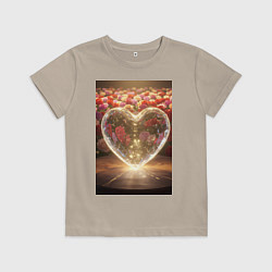 Футболка хлопковая детская Кристальное сердце на фоне роз, цвет: миндальный