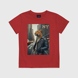 Футболка хлопковая детская Леопард-модник житель Нью-Йорка, цвет: красный