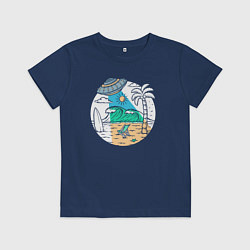 Футболка хлопковая детская Летающая тарелка на пляже, цвет: тёмно-синий
