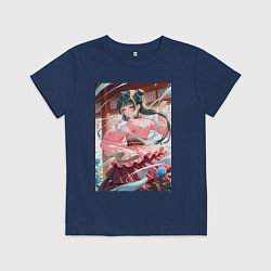 Футболка хлопковая детская Мао Мао танцует с лентами в окружении синих роз, цвет: тёмно-синий
