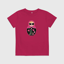 Футболка хлопковая детская Матрёшка с розовыми тюльпанами, цвет: маджента