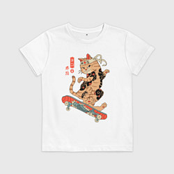 Футболка хлопковая детская Кот самурай - скейтбордист, цвет: белый