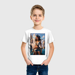 Футболка хлопковая детская Пиратка на фона флотилии кораблей, цвет: белый — фото 2