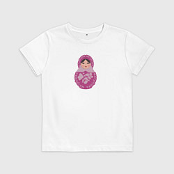 Футболка хлопковая детская Матрёшка в розовом, цвет: белый