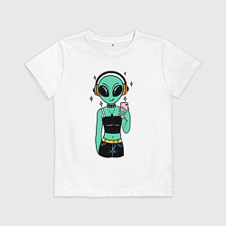Футболка хлопковая детская Девочка инопланетянин с телефоном, цвет: белый