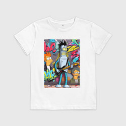 Футболка хлопковая детская Бендер с гитарой и Фрай - граффити, цвет: белый