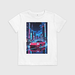 Футболка хлопковая детская Вишневый спорткар по мокрой дороге, цвет: белый