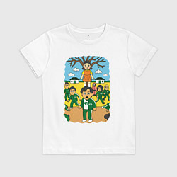 Футболка хлопковая детская Игра в кальмара мультяшный стиль, цвет: белый