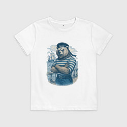 Футболка хлопковая детская Медведь в тельняшке ВМФ, цвет: белый