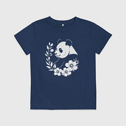 Футболка хлопковая детская Панда среди цветов, цвет: тёмно-синий