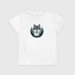 Футболка хлопковая детская Голова волка над лесом и силуэт оленя, цвет: белый