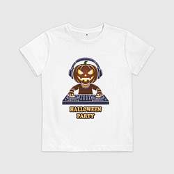 Футболка хлопковая детская Хэллоуин, тыква диджей, музыка, цвет: белый
