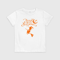Футболка хлопковая детская Halloween-маленькая ведьма на метле, цвет: белый
