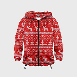 Ветровка с капюшоном детская Новогодний узор с оленями и елкой, цвет: 3D-черный