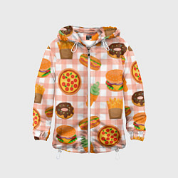 Ветровка с капюшоном детская PIZZA DONUT BURGER FRIES ICE CREAM pattern, цвет: 3D-белый