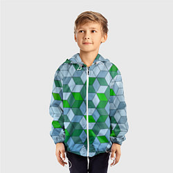 Ветровка с капюшоном детская Зелёные и серые абстрактные кубы с оптической иллю, цвет: 3D-белый — фото 2