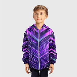 Ветровка с капюшоном детская Фиолетовые неон полосы киберпанк, цвет: 3D-белый — фото 2