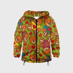 Ветровка с капюшоном детская Мишки игрушечные и сердечки, цвет: 3D-черный