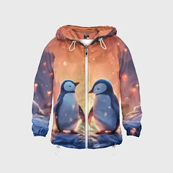 Ветровка с капюшоном детская Романтичная пара пингвинов, цвет: 3D-белый