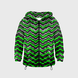 Ветровка с капюшоном детская Белые и зелёные полосы на чёрном фоне, цвет: 3D-черный