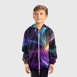 Ветровка с капюшоном детская Радужные неоновые волны и разводы на черном фоне, цвет: 3D-белый — фото 2