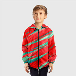 Ветровка с капюшоном детская Красный и бирюзовый абстрактный полосы, цвет: 3D-черный — фото 2