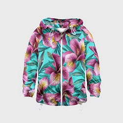 Ветровка с капюшоном детская Розовые ирисы лианы паттерн, цвет: 3D-белый