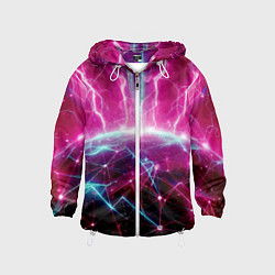 Ветровка с капюшоном детская Неоновые молнии ударяют в планету - нейроарт, цвет: 3D-белый