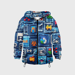Ветровка с капюшоном детская Пиксельные символы на пэчворк, цвет: 3D-черный