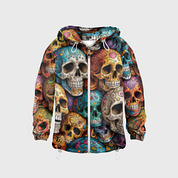 Ветровка с капюшоном детская Разноцветные черепа, паттерн, цвет: 3D-белый