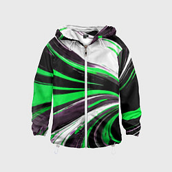 Ветровка с капюшоном детская Волнистые чёрно-зелёные линии на белом фоне, цвет: 3D-белый