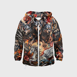 Ветровка с капюшоном детская Мифические существа в стиле татуировки Ирезуми, цвет: 3D-белый