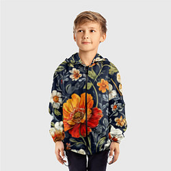 Ветровка с капюшоном детская Маки и пионы старинный паттерн, цвет: 3D-черный — фото 2