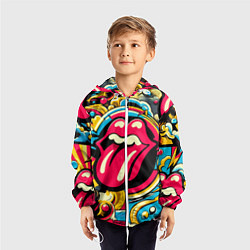 Ветровка с капюшоном детская Rolling Stones logo - pop art pattern, цвет: 3D-белый — фото 2