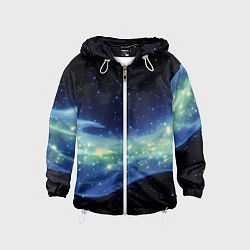 Ветровка с капюшоном детская Синяя волна с зеленым оттенком на черном, цвет: 3D-белый