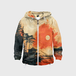 Ветровка с капюшоном детская Рыбацкий дом на закате, цвет: 3D-белый