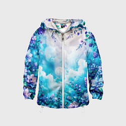 Ветровка с капюшоном детская Фантастический цветочный с голубыми облаками, цвет: 3D-белый