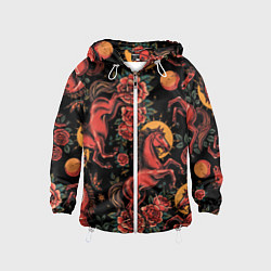 Ветровка с капюшоном детская Красная лошадь с розами, цвет: 3D-белый