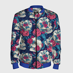 Бомбер мужской Реалистичные черепа с розами, цвет: 3D-синий