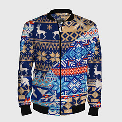 Бомбер мужской НОВОГОДНИЙ УЗОР ОЛЕНИ И МЕДВЕДИ НОВЫЙ ГОД 2022, цвет: 3D-черный
