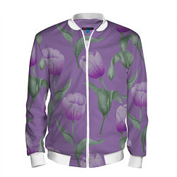 Бомбер мужской Фиолетовые тюльпаны с зелеными листьями, цвет: 3D-белый